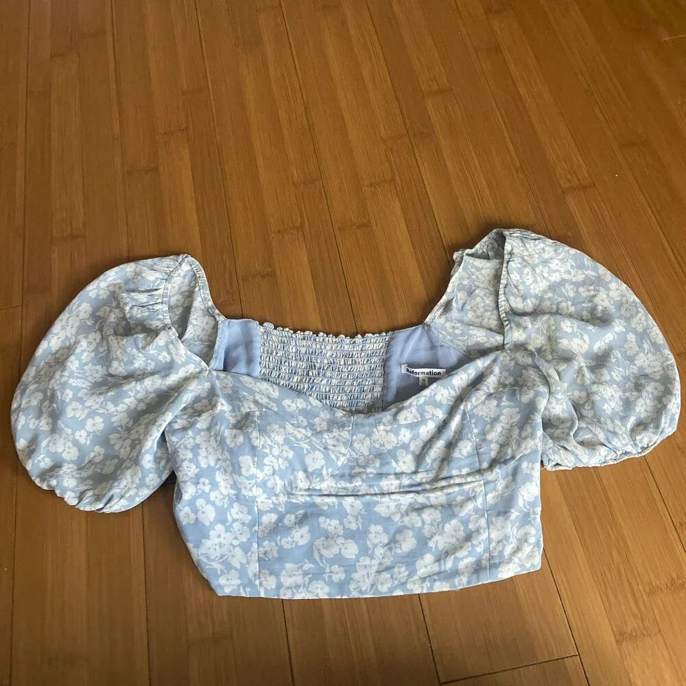 Reformation Blouse Sinead Crop Top Puff Sleeve in Blue Floral 12